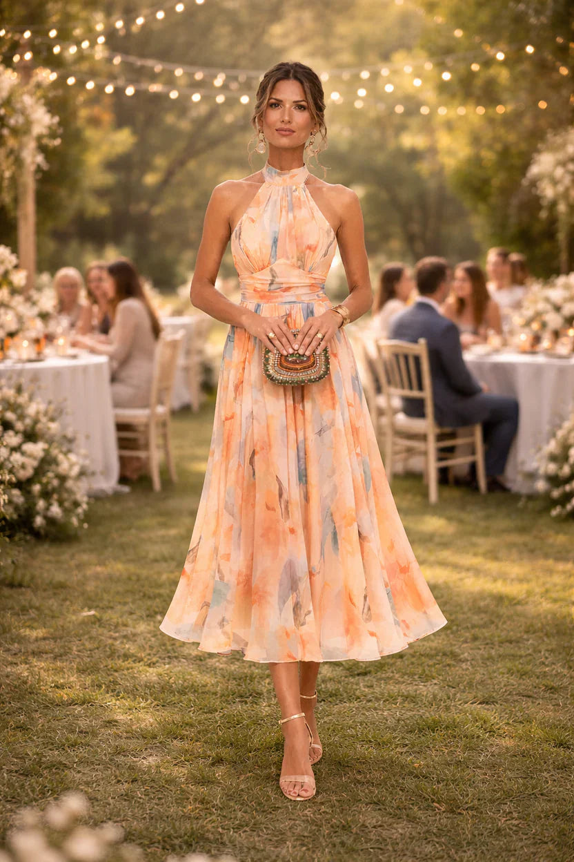 Esther | Vestido con Cuello Halter y Estampado de Acuarela