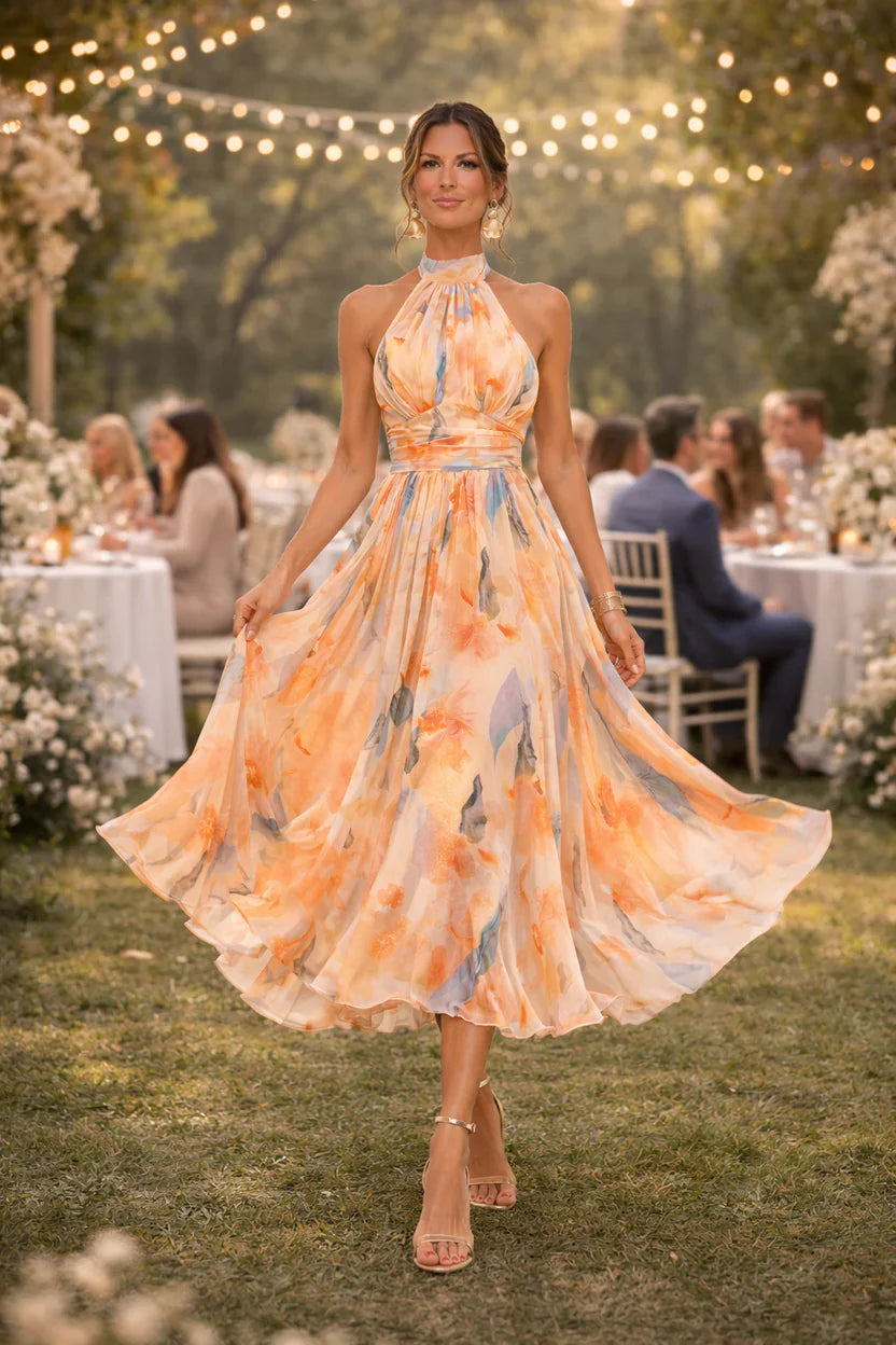 Esther | Vestido con Cuello Halter y Estampado de Acuarela