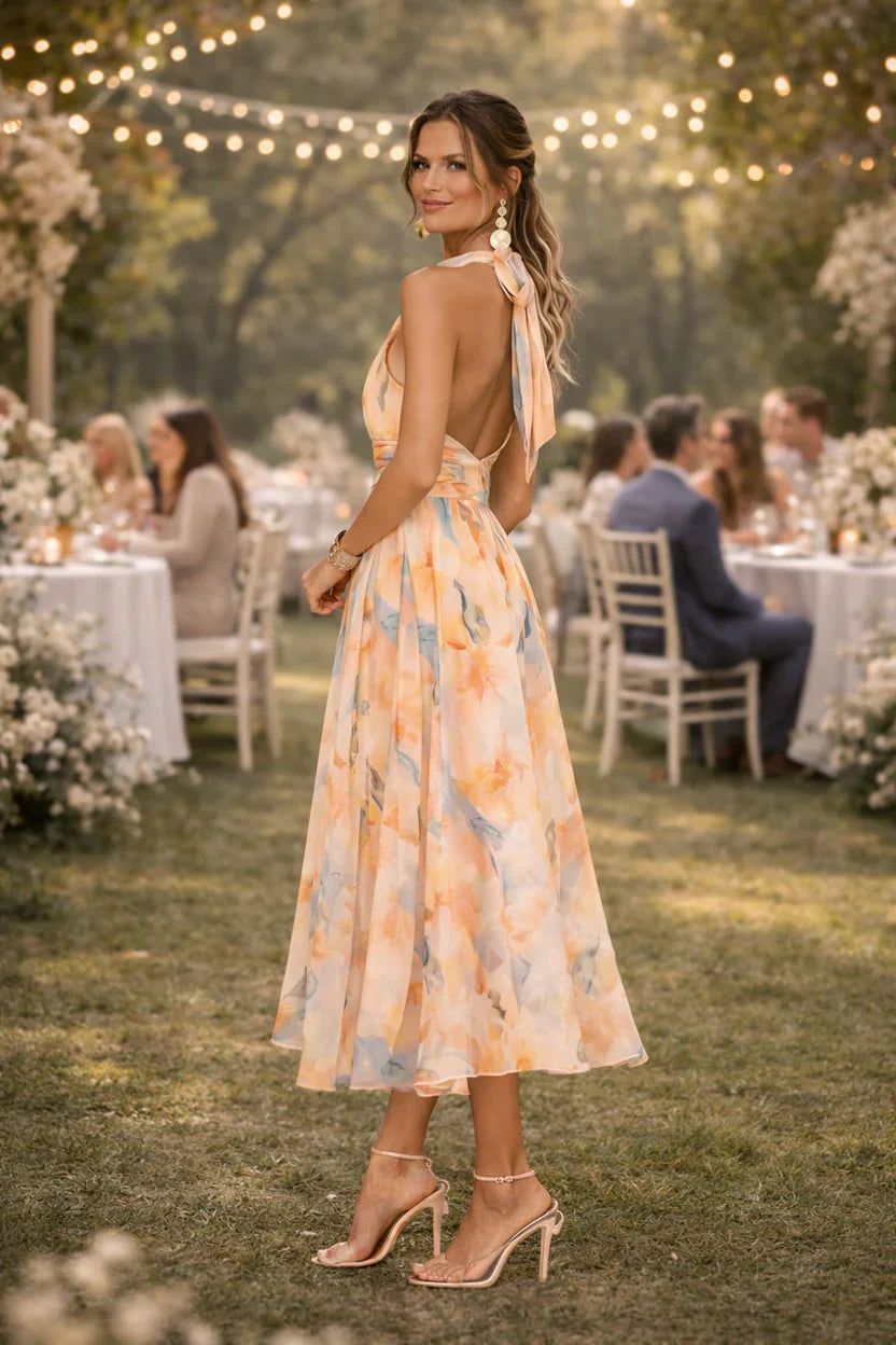 Esther | Vestido con Cuello Halter y Estampado de Acuarela