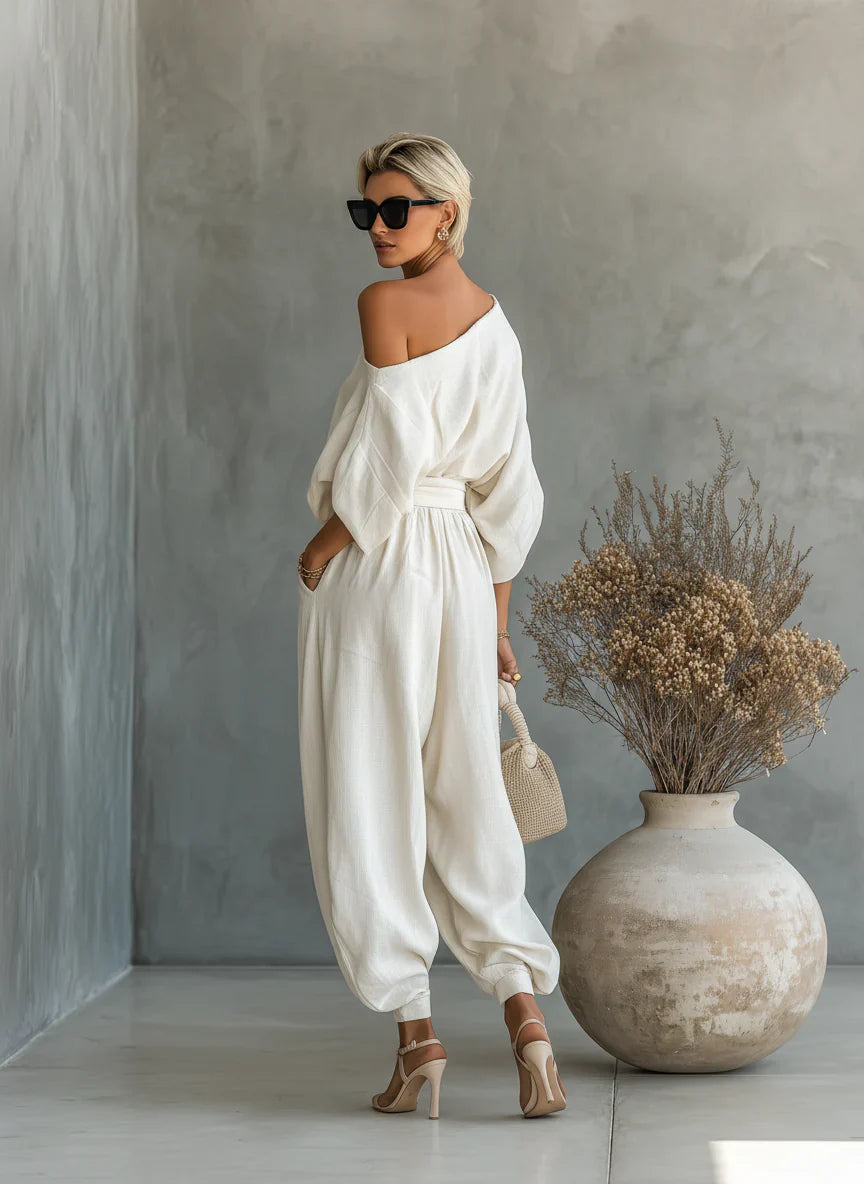Martina | Conjunto de top con hombros descubiertos y pantalones ajustados